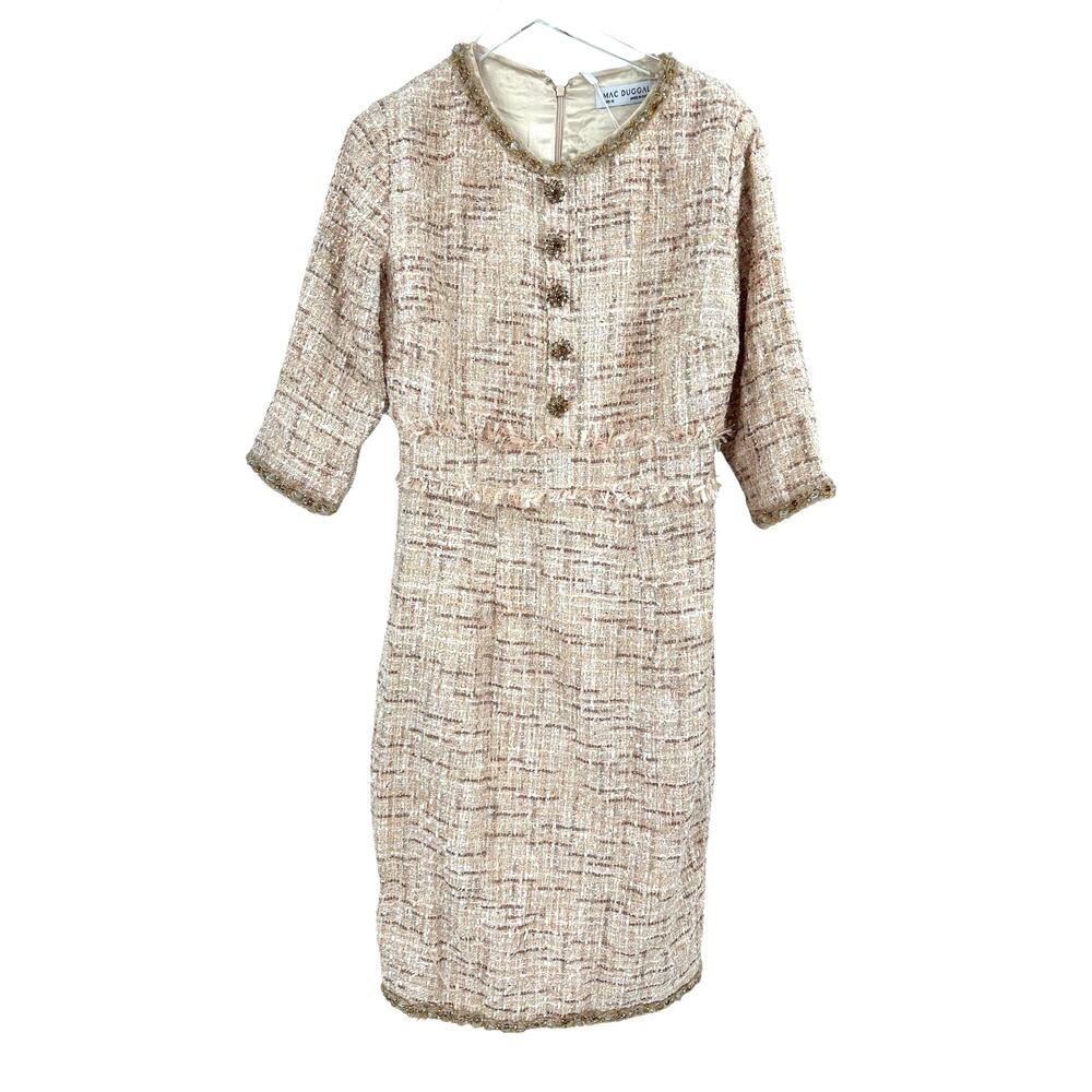 MAC DUGGAL Dress Size 12 Cocktail Dress Mini Midi Tweed Tan Buttons NEW